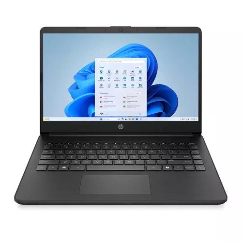 Sleek black HP 14-dq6002na laptop featuring a 14-inch HD display, 4 GB DDR4 RAM, 128 GB UFS storage, and Windows 11 Home in S Mode, with a modern keyboard layout.