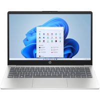 HP 14-inch silver laptop with Intel Core i5, slim bezels, black keyboard, and Windows interface on screen.