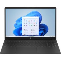 Black HP laptop with 15.6" screen, thin bezels, full keyboard, displaying Windows interface.