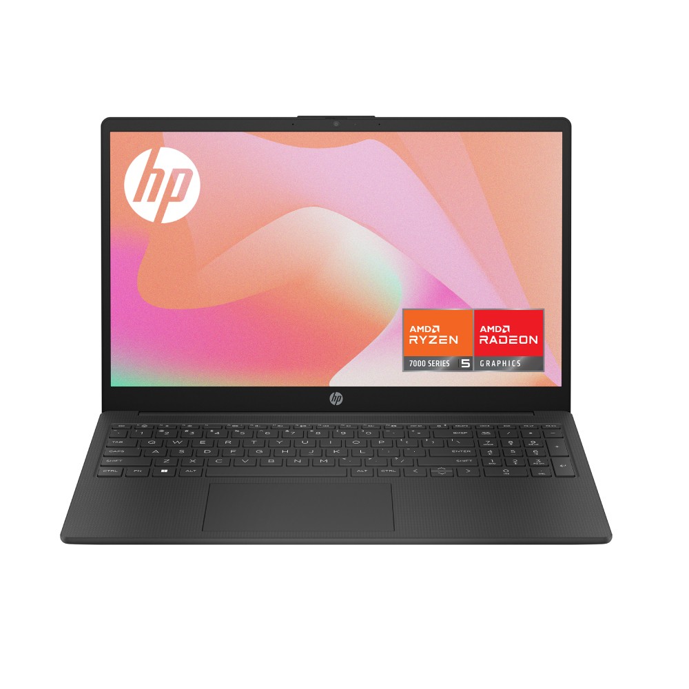 HP 15 laptop in black featuring a sleek design, 15-inch display, Ryzen 5 processor, 8GB RAM, 512GB storage, and Windows 11 Home, with vibrant graphics on the screen.