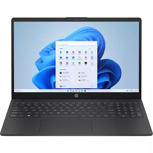 Sleek black HP laptop with a 15.6-inch Full HD display, featuring a Windows 11 interface, a full keyboard, and a slim design, ideal for everyday use.