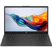 Black HP laptop with 15.6" screen, colorful display, Ryzen 5, 8GB RAM, 512GB SSD, Wi-Fi 6, Windows 11 Home.