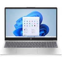 Silver HP laptop with 15.6" display, black keyboard, and Windows 11 interface on screen.