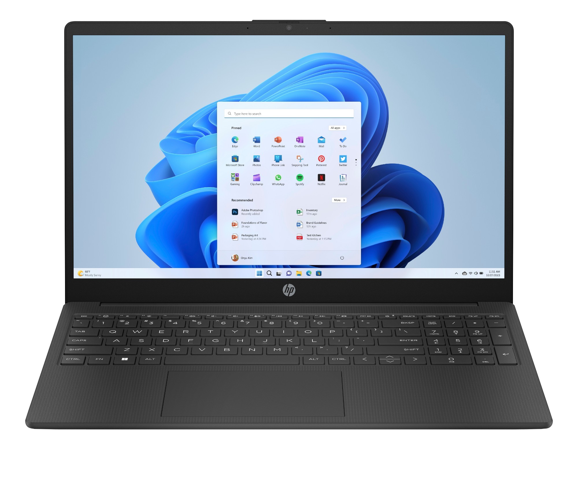 Sleek black HP laptop with a 15.6-inch Full HD display, Intel Core i7 processor, 16 GB RAM, 512 GB SSD, and Windows 11 Home, featuring a modern keyboard layout.