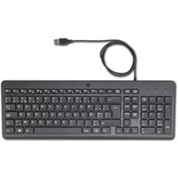 Black HP 150 wired keyboard with AZERTY layout, USB connection, and numeric keypad.