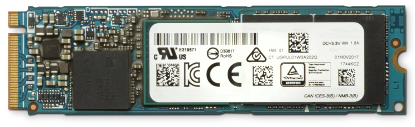 HP 1TB PCIe 4x4 NVMe TLC SSD featuring a blue circuit board, black memory chips, and a white label with barcodes and certification marks.