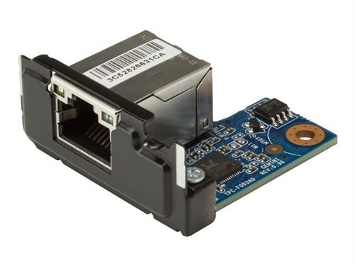 HP 2.5GbE LAN Flex Port Z2 Mini features a blue circuit board with an Ethernet port, metal casing, and a barcode label, designed for enhanced network connectivity.
