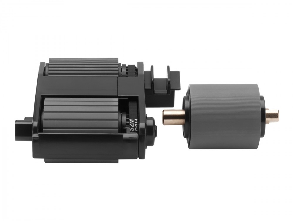 HP 200 ADF Roller Replacement Kit features a black plastic housing with two rollers, one cylindrical gray roller and one textured roller, designed for efficient document feeding.