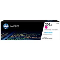 HP 203X magenta toner cartridge box with black background, colorful text, and blue HP logo.