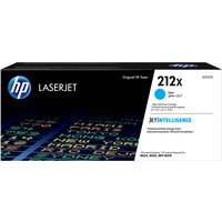 HP 212X cyan toner cartridge box with HP logo, black background, and colorful text pattern.