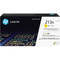 HP 213X High Yield Yellow LaserJet Toner Cartridge box with colorful text design and HP logo.