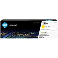 HP 219X yellow LaserJet toner cartridge in black box with blue HP logo and colorful text design.
