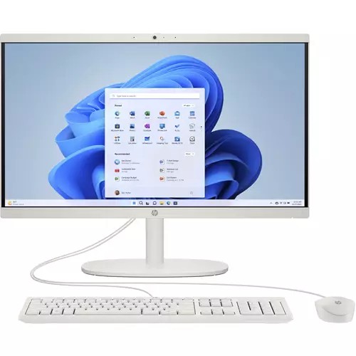 Sleek white HP all-in-one PC with a 22-inch display, featuring Windows 11 interface, a compact keyboard, and a mouse, all on a modern stand.