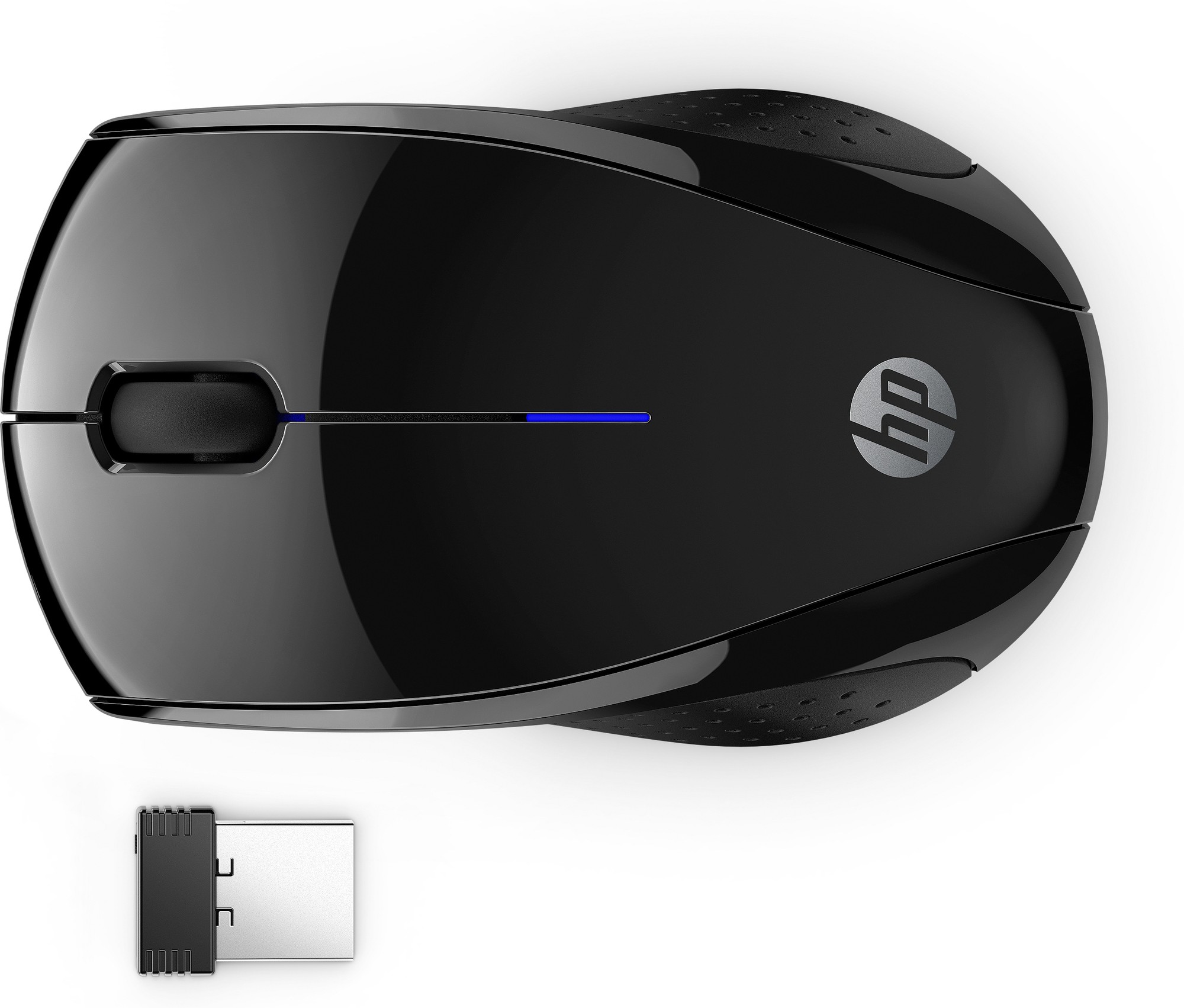 Black wireless mouse with a glossy finish, featuring a blue LED light, ergonomic design, and a USB receiver for connectivity.