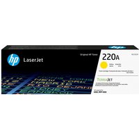 Black HP 220A Yellow LaserJet toner cartridge box with blue HP logo and yellow color indicator.