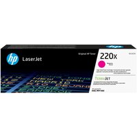 Black HP 220X Magenta LaserJet toner cartridge box with blue HP logo and magenta color indicator.
