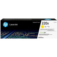 HP 220X Yellow LaserJet toner cartridge box with blue HP logo and colorful text pattern.