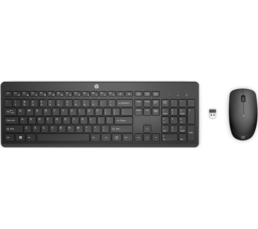 Black HP 230 wireless keyboard with low-profile keys and a sleek design, accompanied by a matching wireless mouse and USB receiver.