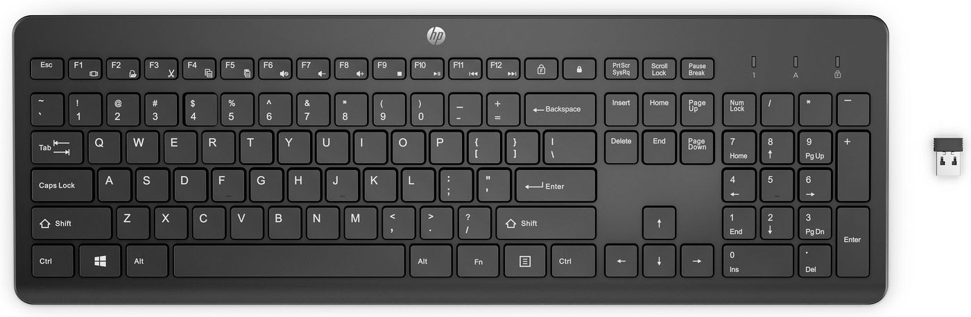 Black HP 230 Wireless Keyboard featuring a sleek design, low-profile keys, and a compact layout, accompanied by a USB wireless receiver.