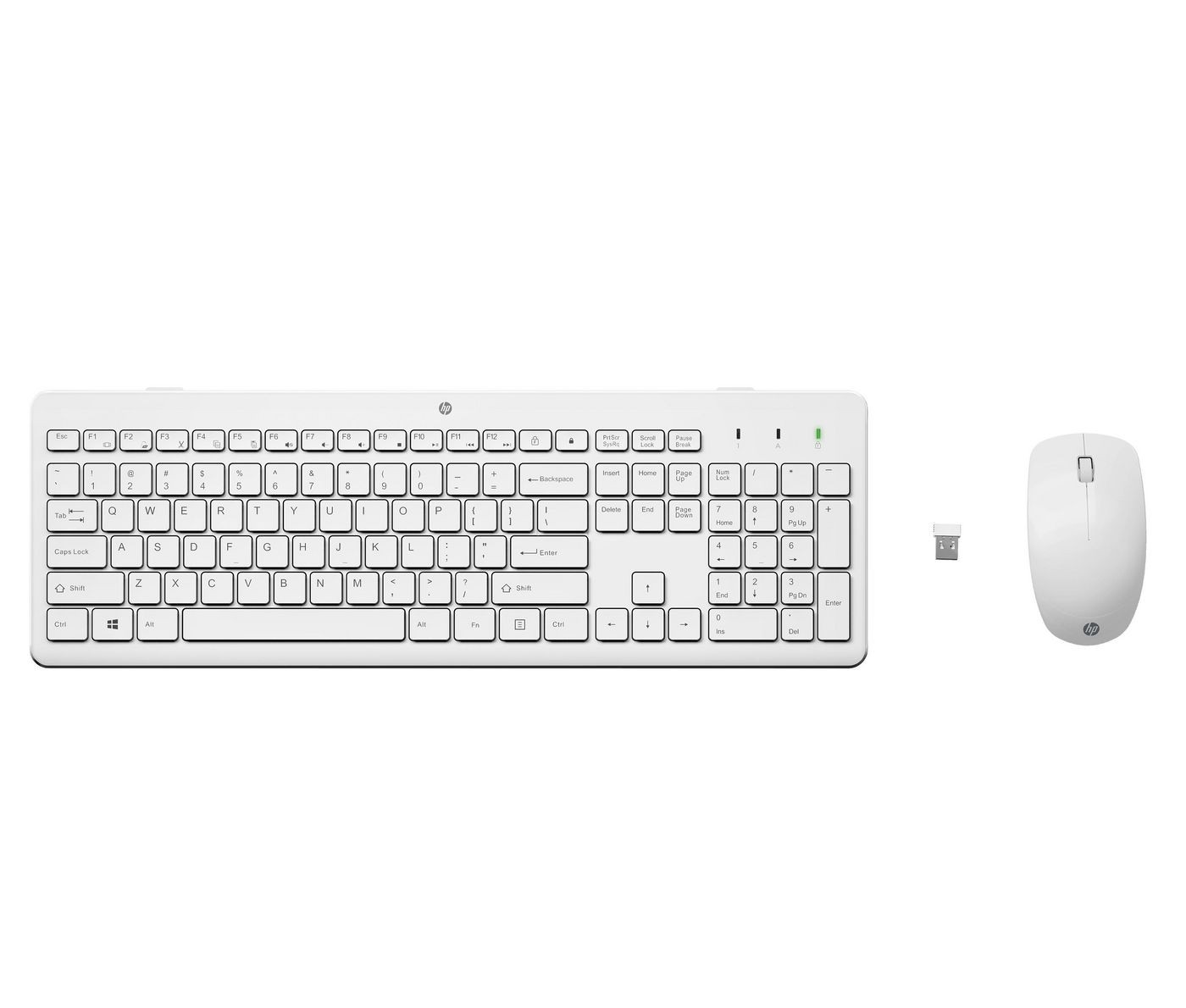 White HP 230 wireless keyboard with a compact layout and a matching wireless mouse, featuring a sleek design and a USB receiver for connectivity.
