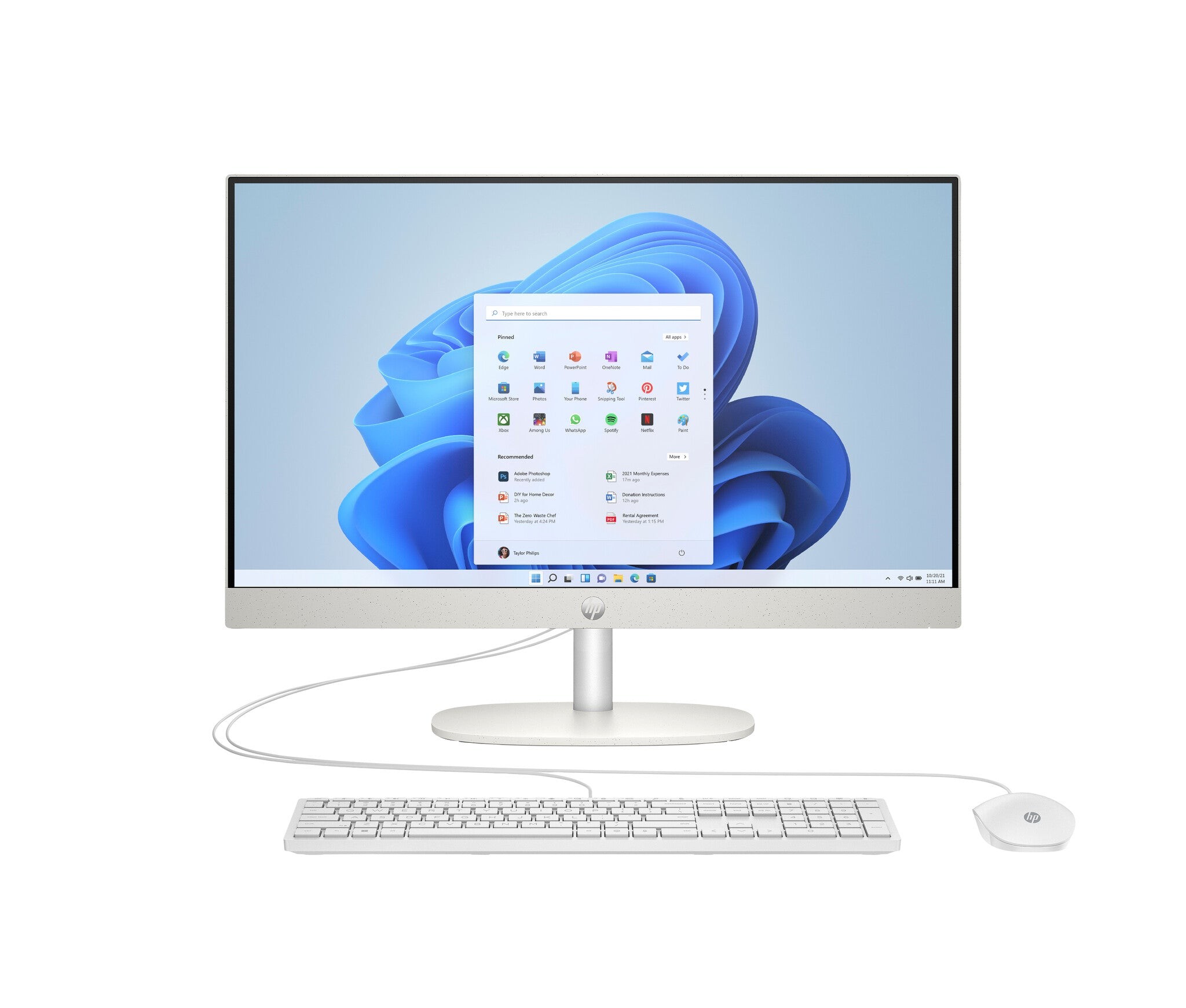 Sleek white HP all-in-one desktop PC with a 23.8" Full HD display, featuring Windows 11, a wireless keyboard, and mouse, showcasing a modern, minimalist design.