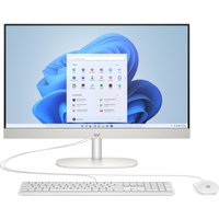 HP 24 All-in-One PC with slim silver bezel, white keyboard, and mouse, featuring Windows interface on screen.