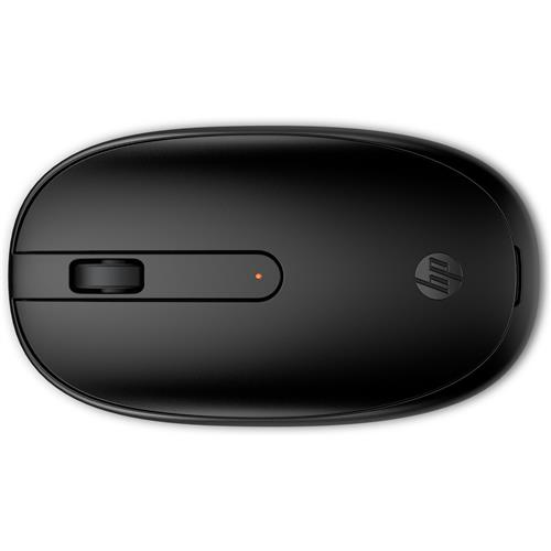 Black Bluetooth mouse with a smooth surface, featuring a central scroll wheel and an HP logo, designed for wireless connectivity.