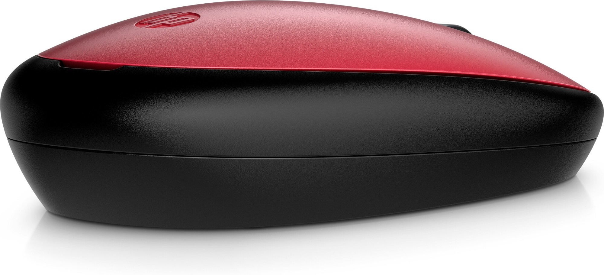 HP 240 Empire Red Bluetooth Mouse features a sleek design with a vibrant red top and a matte black base, highlighting its modern, ergonomic shape and wireless connectivity.
