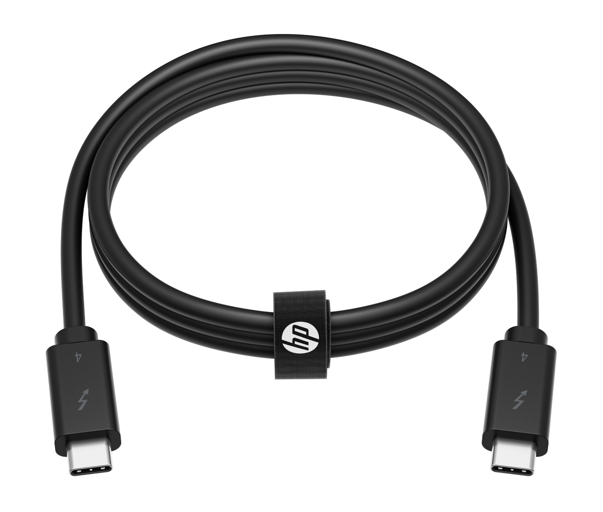 Black HP 240W Thunderbolt 4 cable with two USB-C connectors, featuring a sleek design and a branded cable tie for organization.