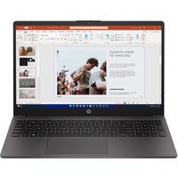 HP 250 G10 laptop with 15.6" display, slim black bezel, visible keyboard, and open presentation on screen