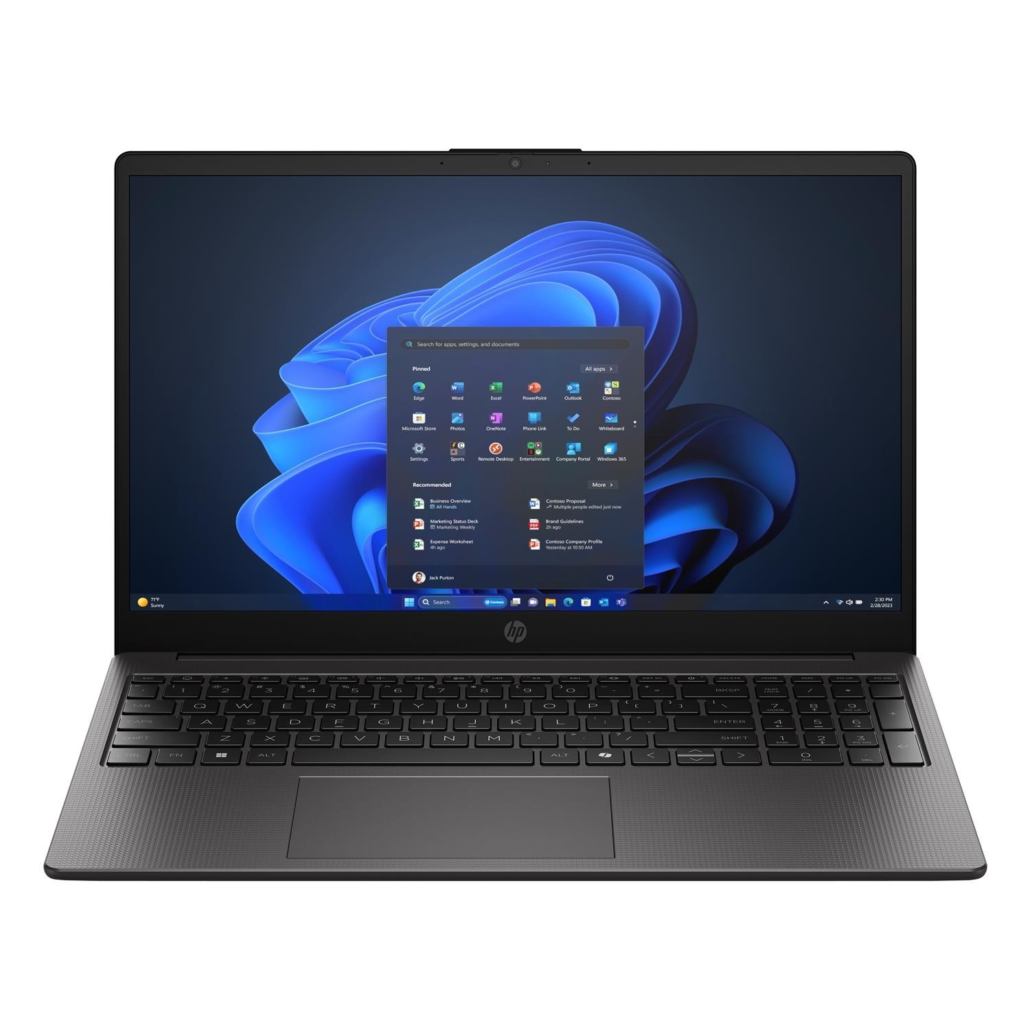 Sleek black HP 250R G10 laptop with a 15.6" Full HD display, featuring a Windows 11 Home interface, a full keyboard, and a modern design.