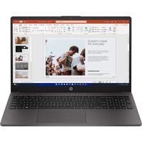 Black HP 255 G10 laptop with 15.6" screen, full keyboard, slim bezels, and Windows 11 interface displayed.