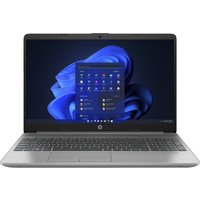 Silver HP 255 G9 laptop with 15.6" display, black keyboard, and Windows interface on screen.