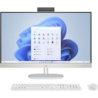 HP 27-inch all-in-one desktop with silver stand, thin bezels, pop-up webcam, white keyboard and mouse.