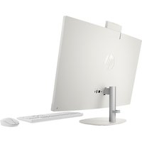 White HP all-in-one desktop with 27" screen, sleek stand, wireless keyboard, and mouse.
