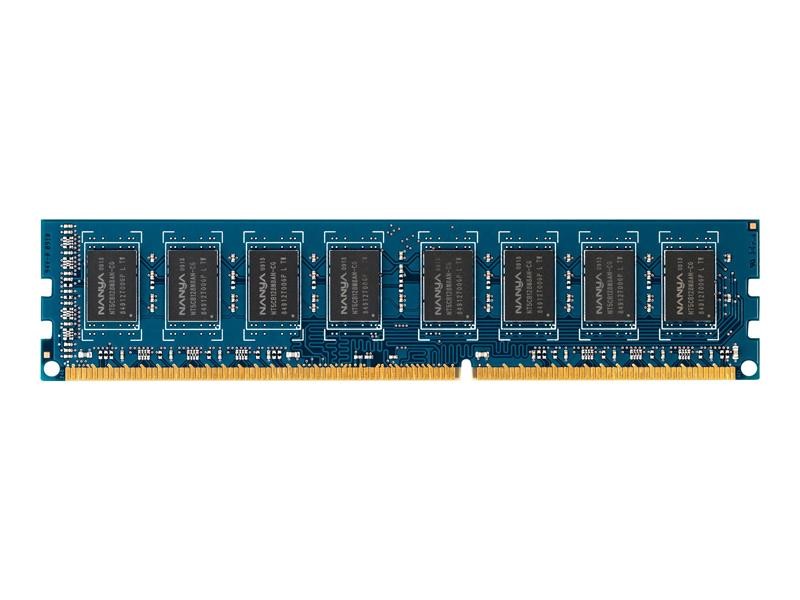 HP 2GB DDR3 memory module with a blue PCB, featuring eight black memory chips and gold connectors along the bottom edge.