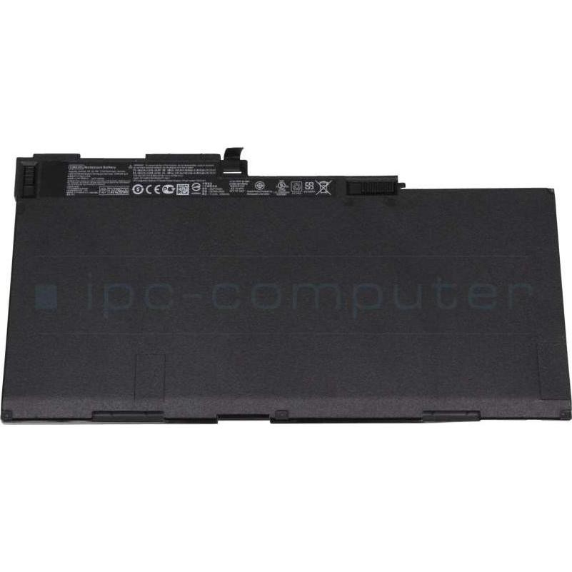 Black HP 3-cell lithium-ion battery with a sleek design, featuring labels and connectors on one side for compatibility with specific HP laptops.