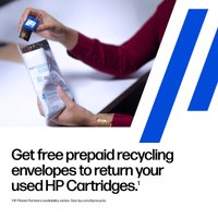HP 302/304 black ink cartridge being placed into a clear recycling envelope, hands visible, blue and white packaging.