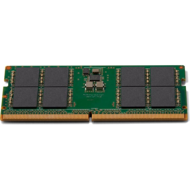 HP 32GB DDR5 SODIMM ECC memory module featuring a green PCB with eight black memory chips and gold connectors along the bottom edge.