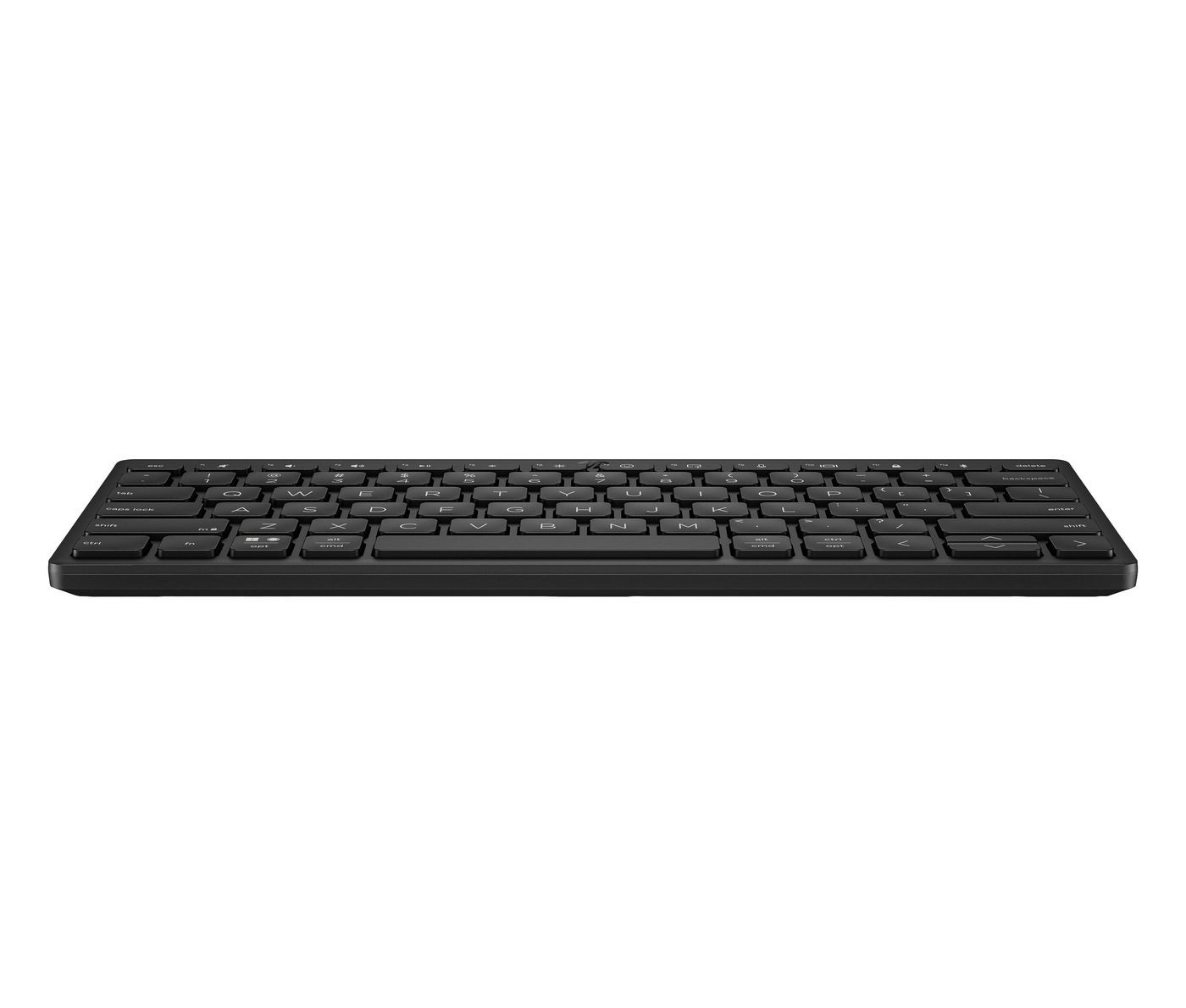 Compact black Bluetooth keyboard with low-profile keys, featuring a sleek design and multi-device connectivity for seamless use across various devices.