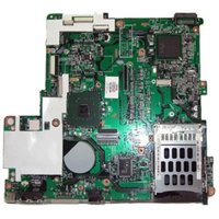 Green HP 383463-001 laptop motherboard with various integrated circuits and connectors, featuring a metal heat sink.