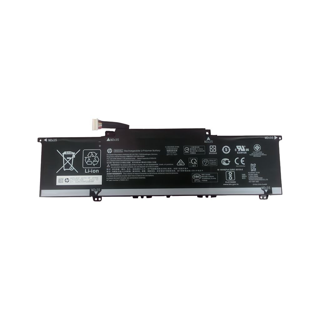 Black lithium-ion battery labeled "HP 3C 51Wh 4.45h LI N03051," featuring safety symbols, barcodes, and technical specifications printed on the surface.