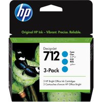 HP 3ED77A/712 cyan ink cartridge 3-pack, 29ml each, black packaging with blue HP logo and butterfly image.