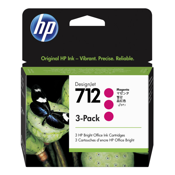 Bright green packaging featuring a butterfly and lotus pod, labeled "HP 712 3-Pack" with three magenta ink cartridges for DesignJet printers.
