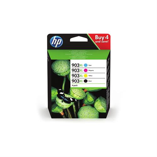 Four-pack of HP 903XL ink cartridges in black, cyan, magenta, and yellow, featuring a vibrant green packaging with a bird and text highlighting savings.