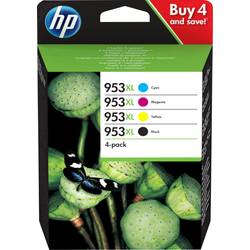 HP 953XL ink cartridge multi-pack featuring cyan, magenta, yellow, and black cartridges, displayed in a vibrant green and black packaging with a butterfly graphic.
