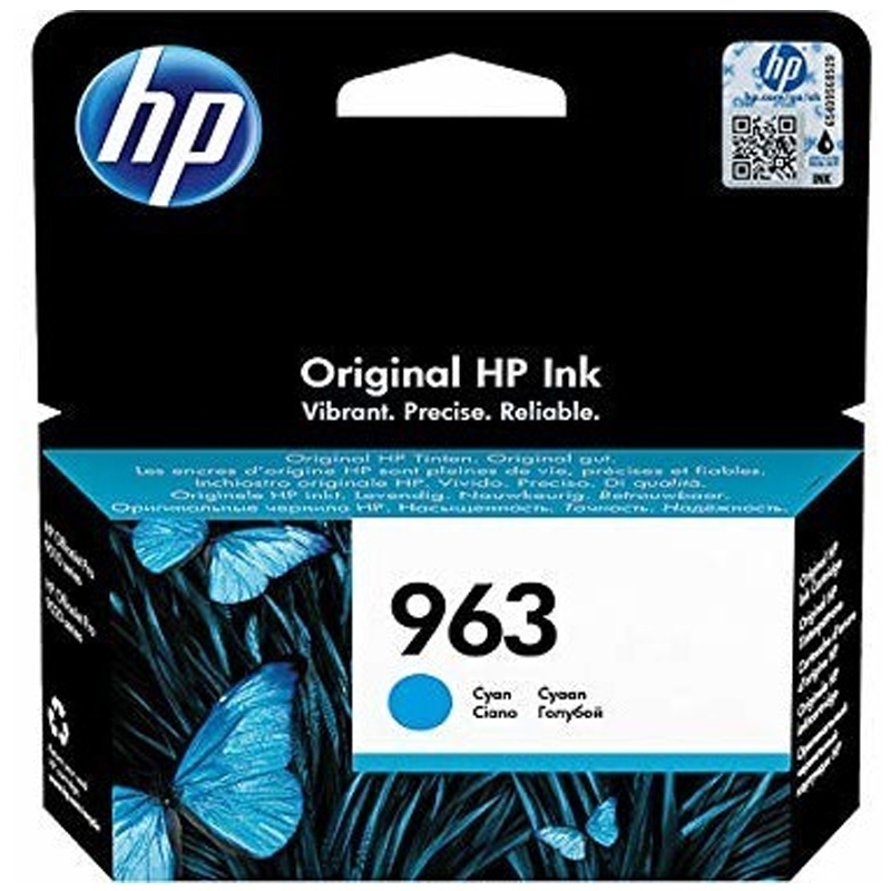 Cyan ink cartridge packaging featuring the HP logo, model number 963, and vibrant butterfly graphics on a black background, highlighting its original and reliable quality.