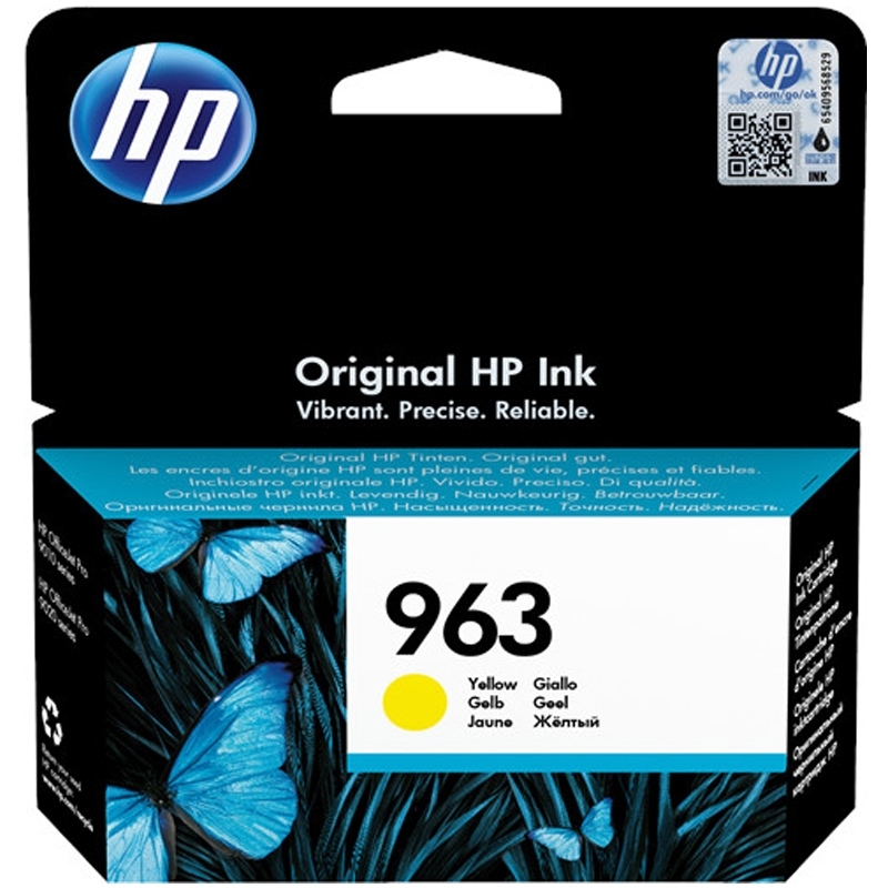 Yellow Hewlett Packard HP963 Original Ink Cartridge packaging featuring a blue butterfly design, with the HP logo and product details prominently displayed.