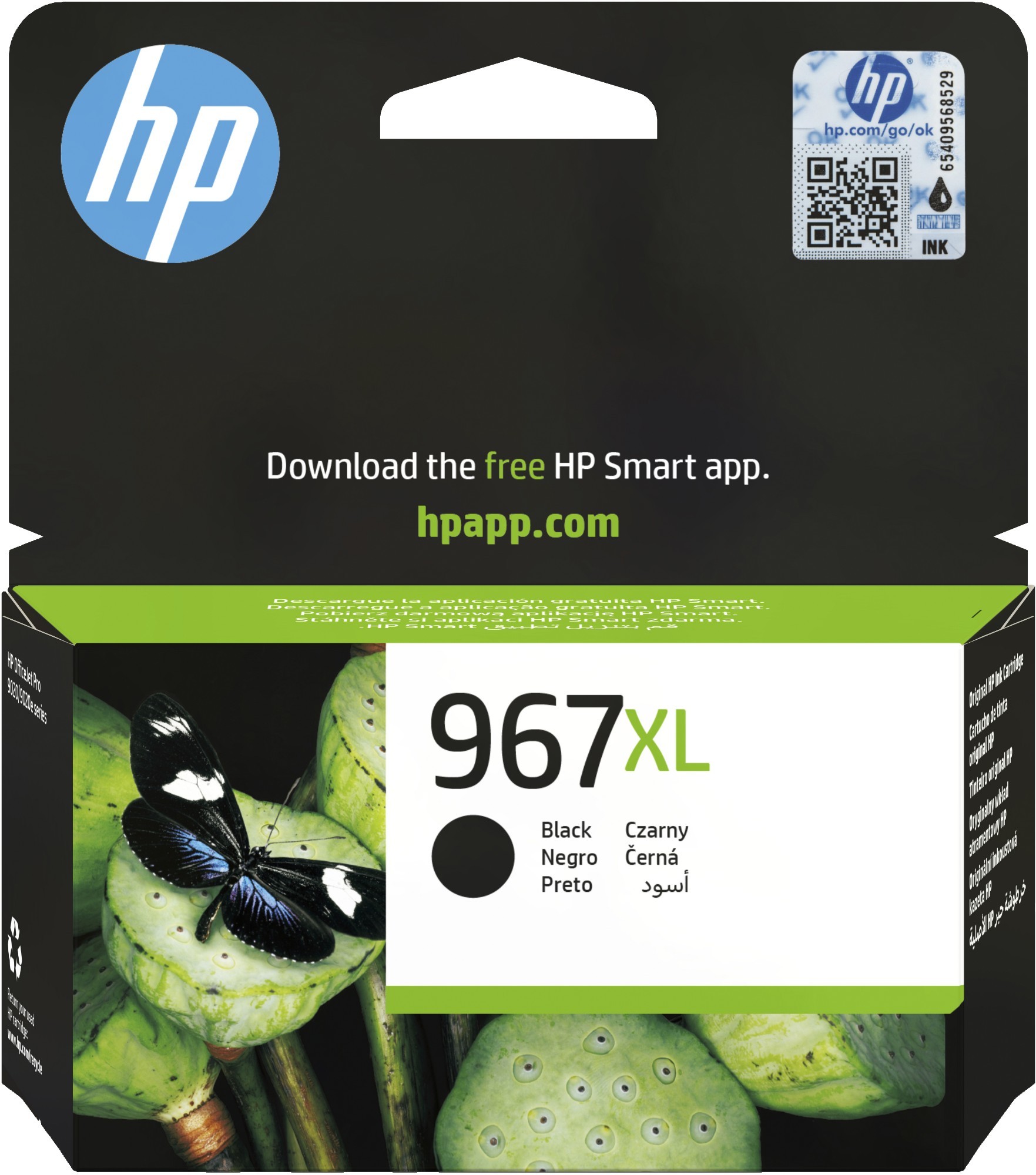 Black HP 967XL ink cartridge packaging featuring a butterfly design, labeled with "Black" and "3K Pages," and includes a QR code for the HP Smart app.