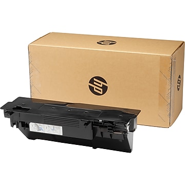 Black waste toner collection unit with a transparent window, accompanied by a brown cardboard box featuring the HP logo.